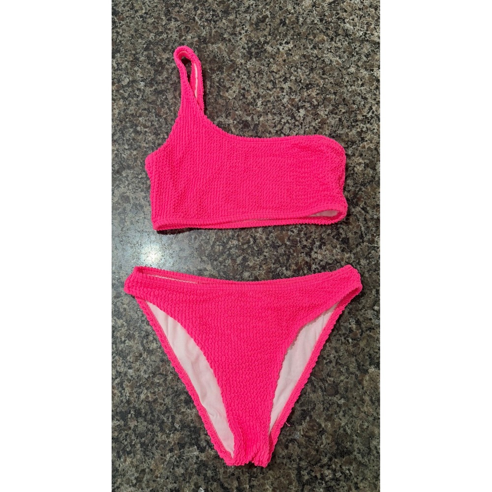 One-Shoulder Hot Pink Textured Bikini Set - Women